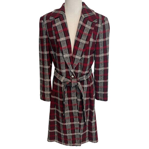St. John Collection Red Plaid Trench Coat Women's Size 6 Belted Jacket Outerwear - Picture 1 of 8